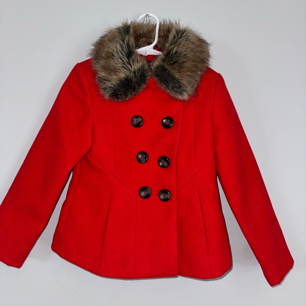 Red girls Jacket with Faux Fur Collar